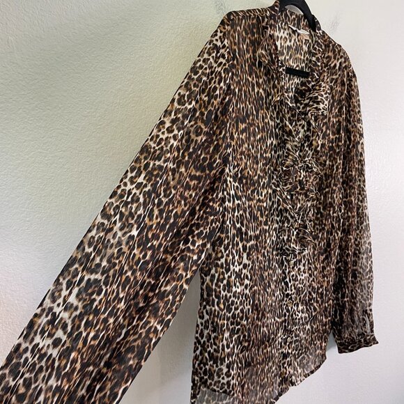 Tahari Womens Plus 1X Leopard Ruffle Button Up Blouse Sheer Shirt Top - Picture 6 of 10